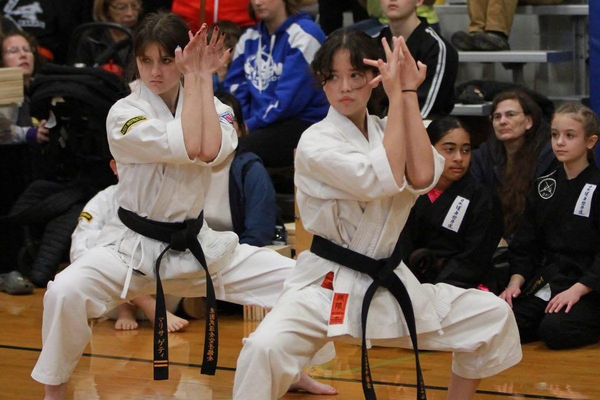 Two competitors performing a synchronized kata