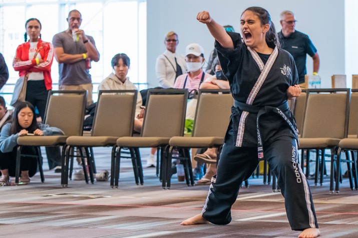 Competitor striking with a kiai during a creative form